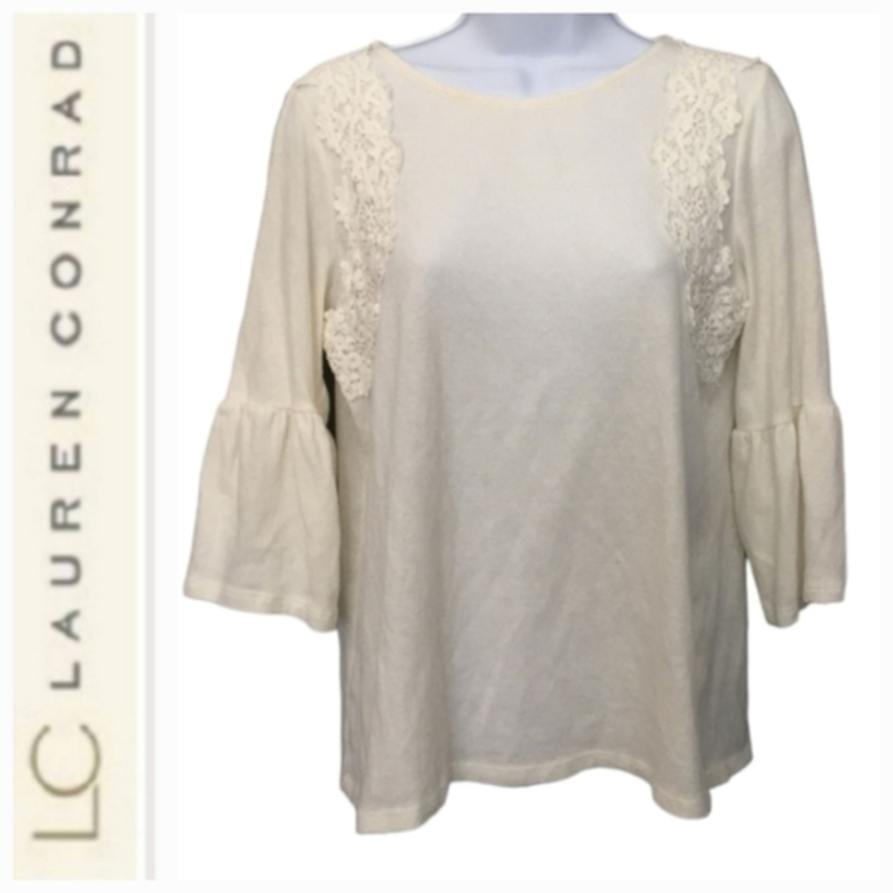 Lc lauren conrad | cream color bell sleeve top with lace panels